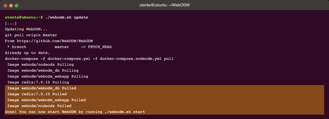 Terminale con l'output di ./webodm.sh update che scarica le nuove immagini Docker