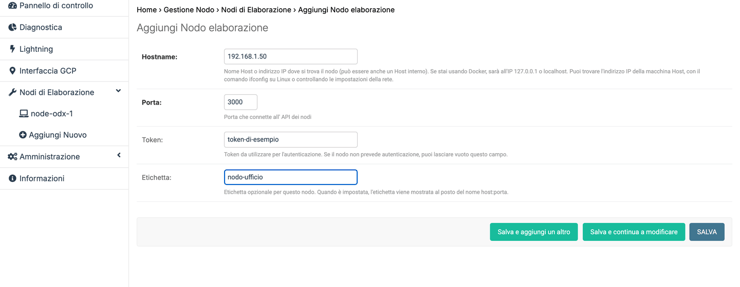 Modulo Add New di WebODM con i campi hostname, porta e token del nodo remoto