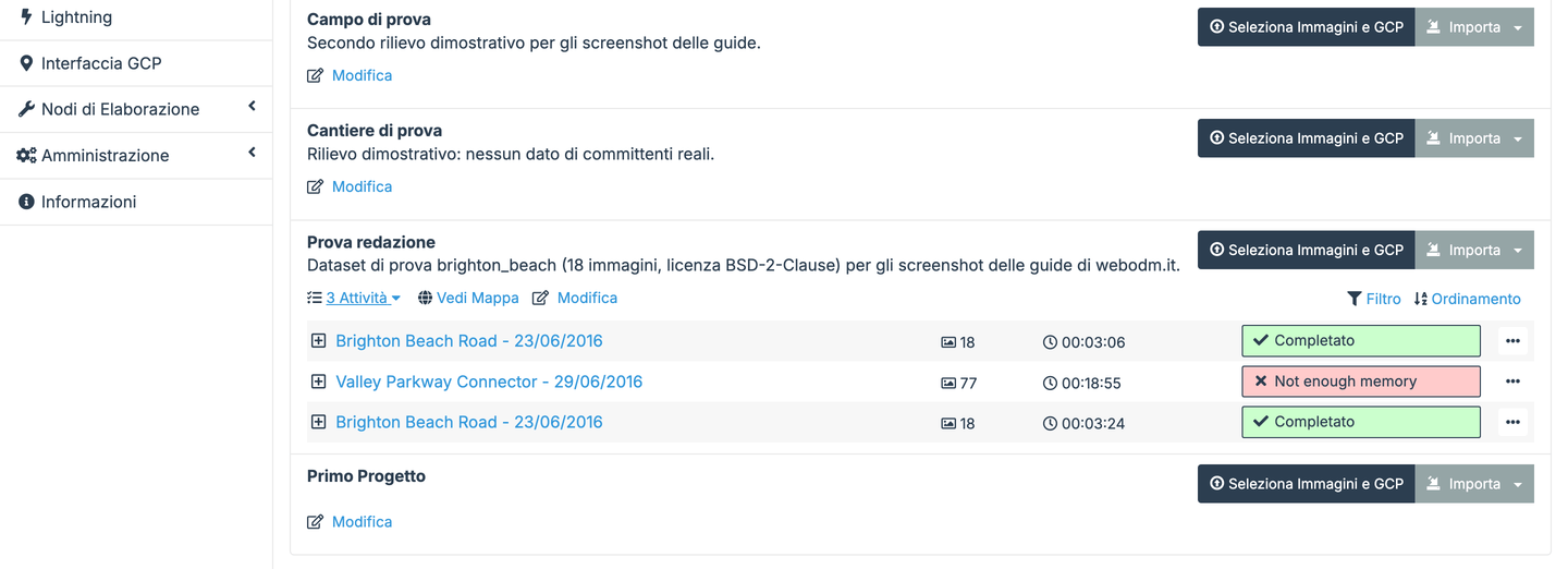 Dashboard di WebODM con l'elenco dei progetti