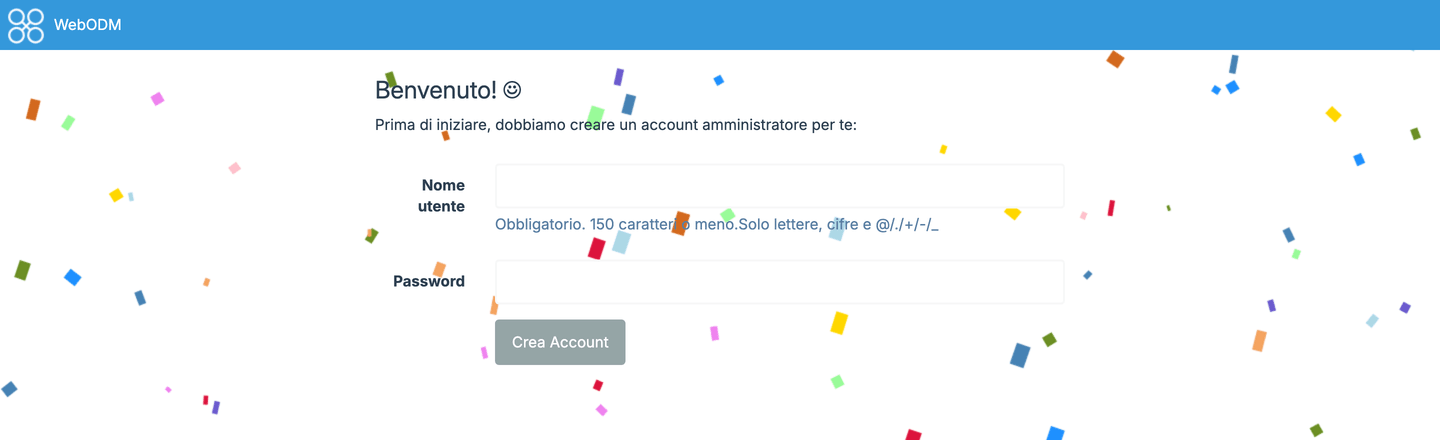 Pagina di primo accesso a WebODM su localhost:8000 con la creazione dell'amministratore