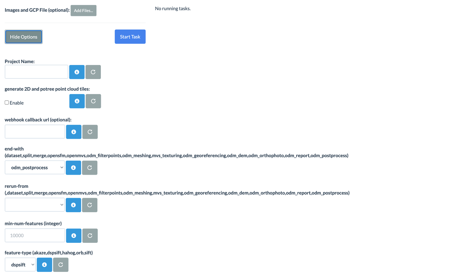 Interfaccia web minima di NodeODM su localhost:3000 con il modulo di caricamento immagini