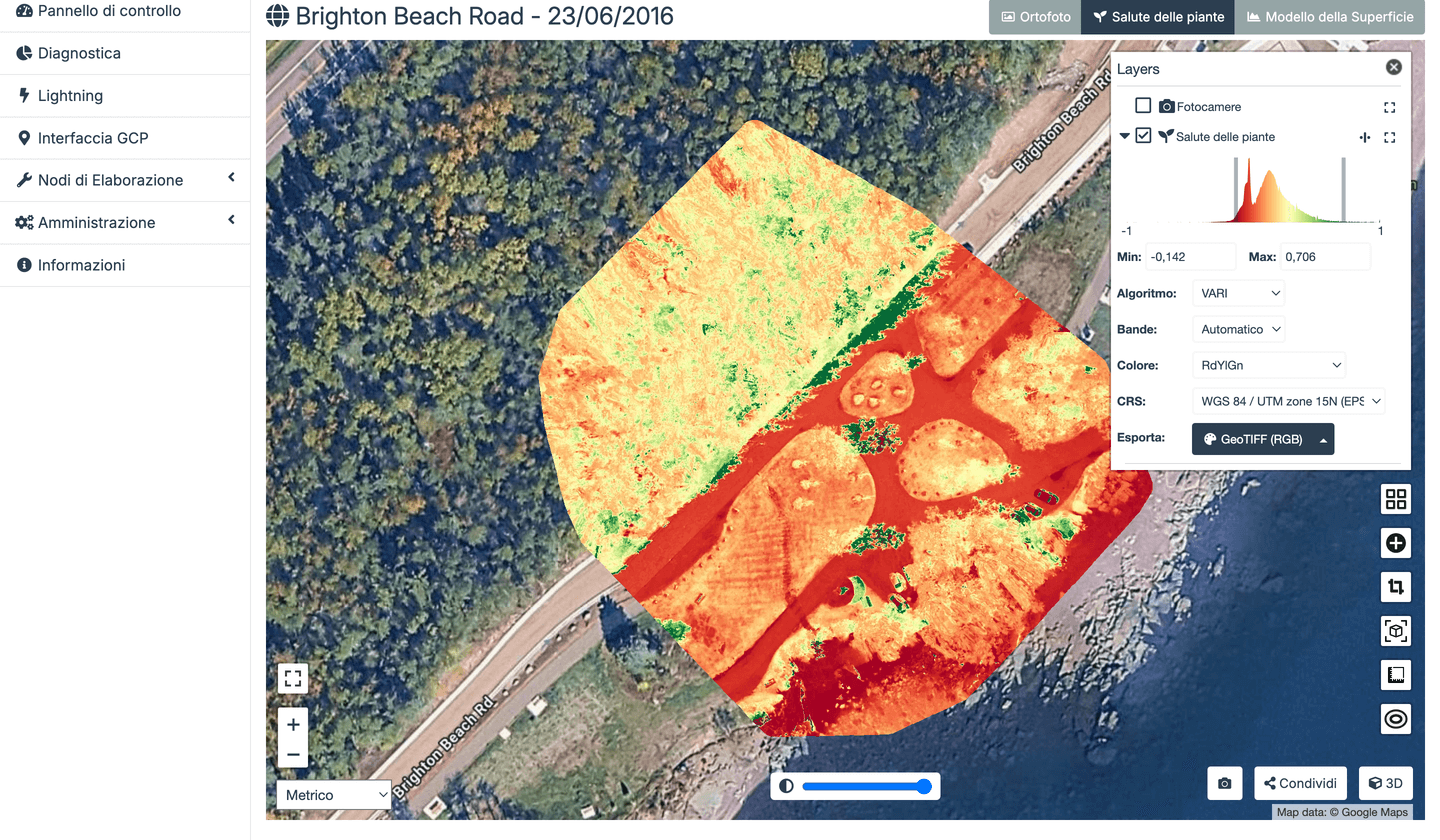 Ortofoto multispettrale in WebODM con il selettore di banda e la mappa NDVI colorata