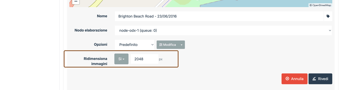 Pannello di caricamento di WebODM con l'opzione "Resize images" evidenziata