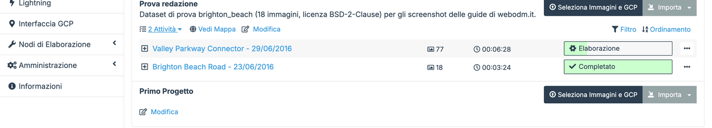 Progetto di WebODM con un dataset di prova caricato e in elaborazione
