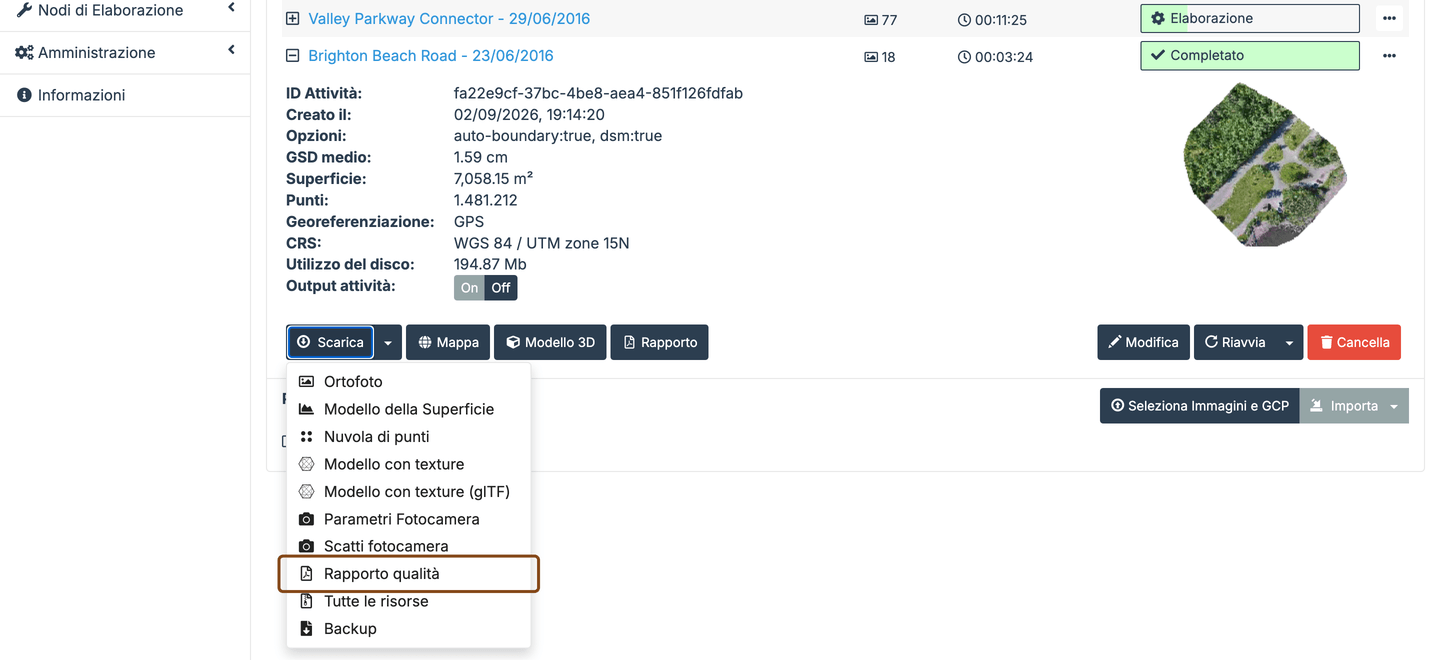 Menu Download Assets di WebODM con la voce del report di qualità
