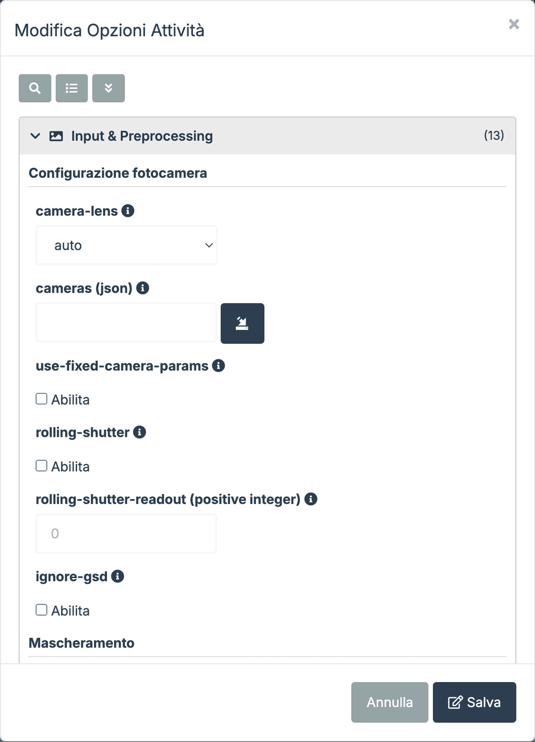 Pannello Opzioni di WebODM con il menu dei preset e le opzioni espanse
