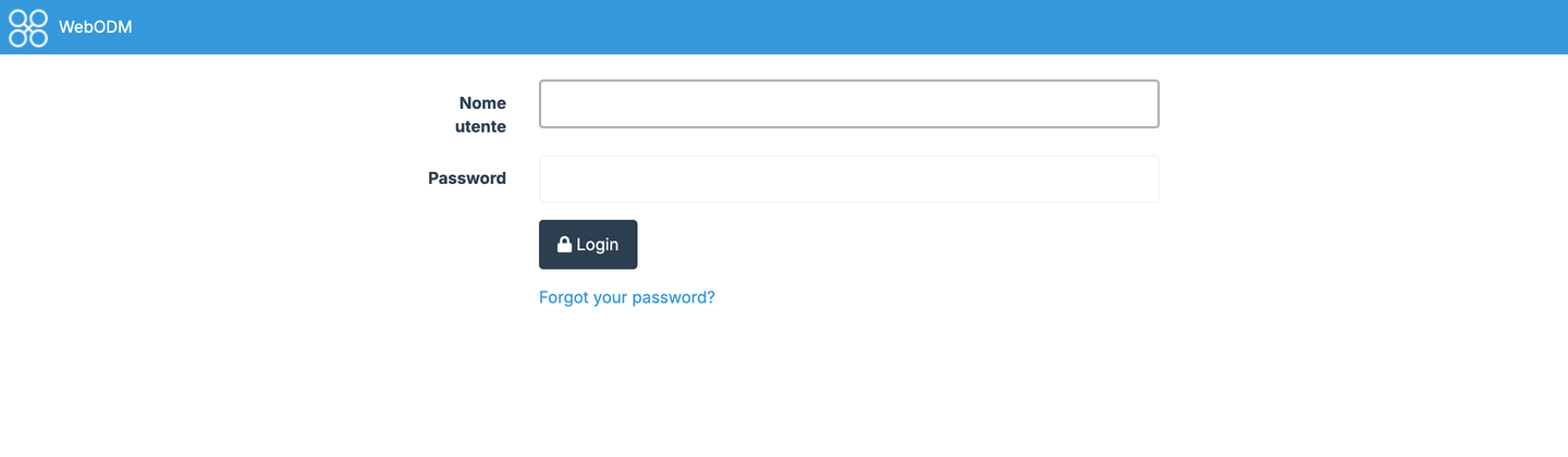 Pagina di login di WebODM con i campi nome utente e password