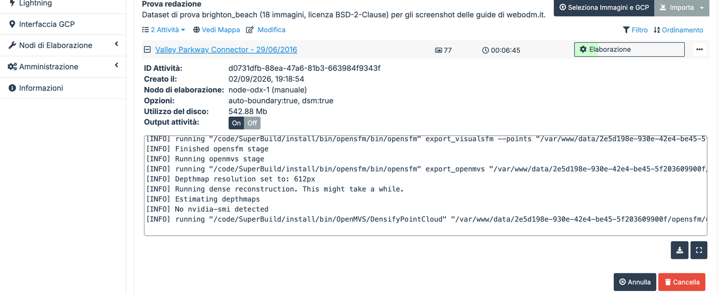Dettaglio del task in WebODM con barra di avanzamento e console dei log