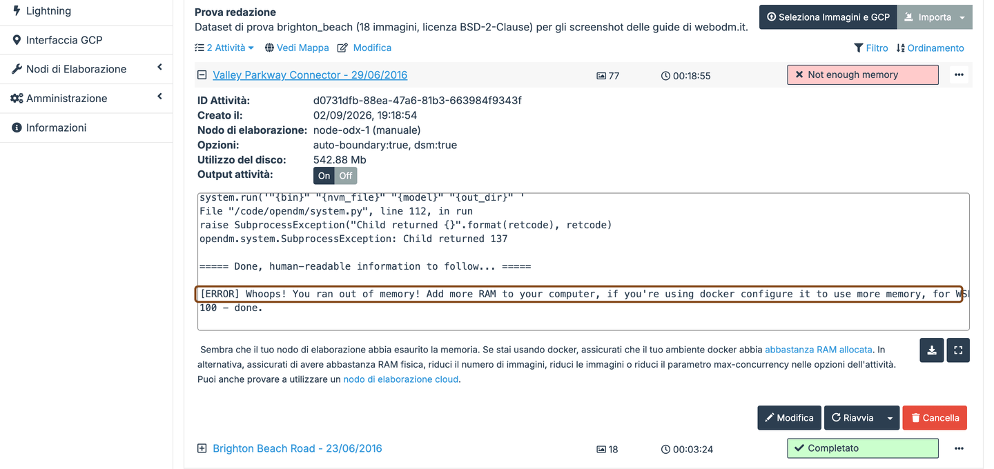 Scheda di un task fallito in WebODM con il pannello del log aperto e la riga di errore evidenziata