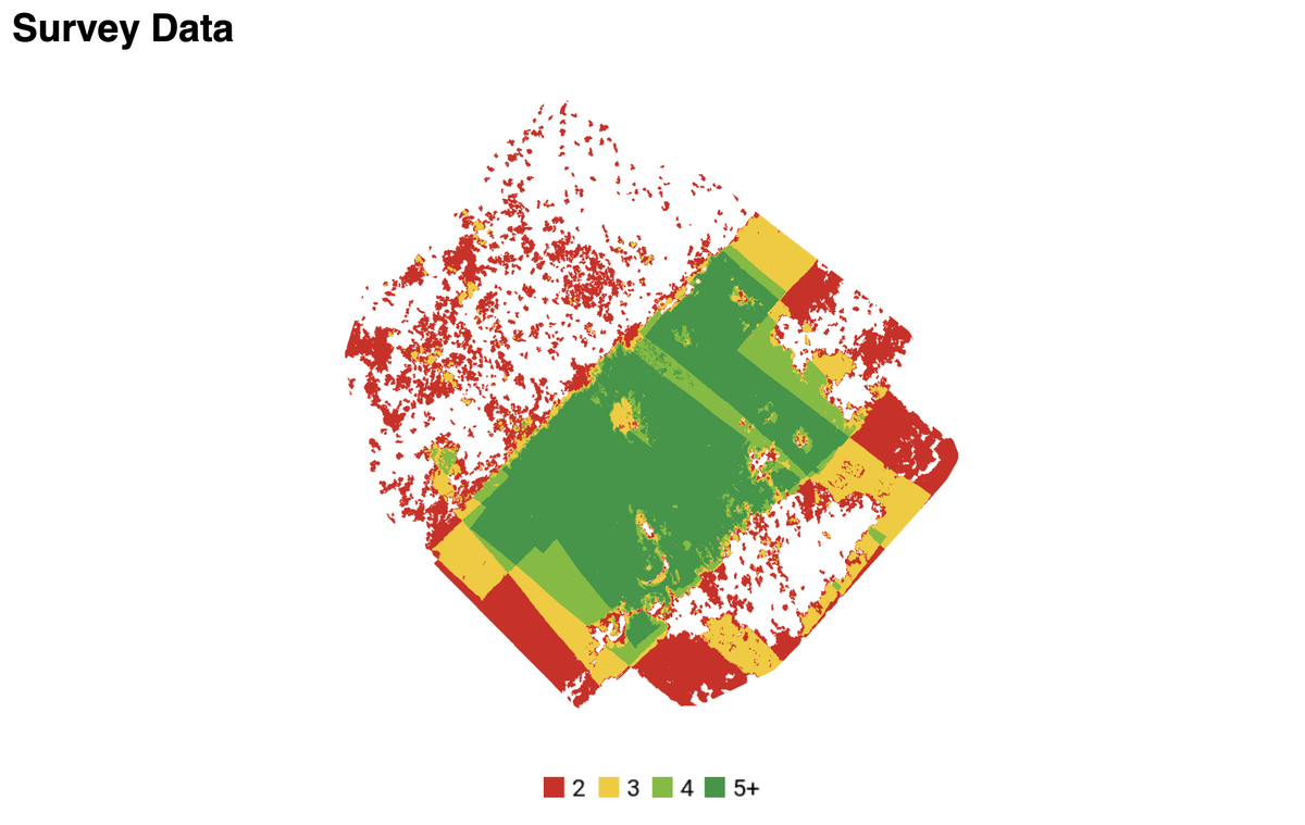 Pagina del report di qualità con la mappa delle sovrapposizioni: le zone rosse ai bordi indicano poche immagini